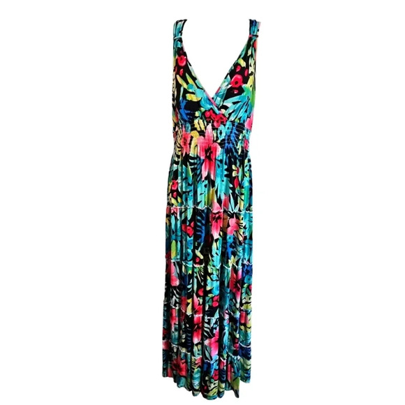 Spense Size Large Sleeveless Empire Waist Colorful Tropical Tiered Maxi Dress - Picture 1 of 6